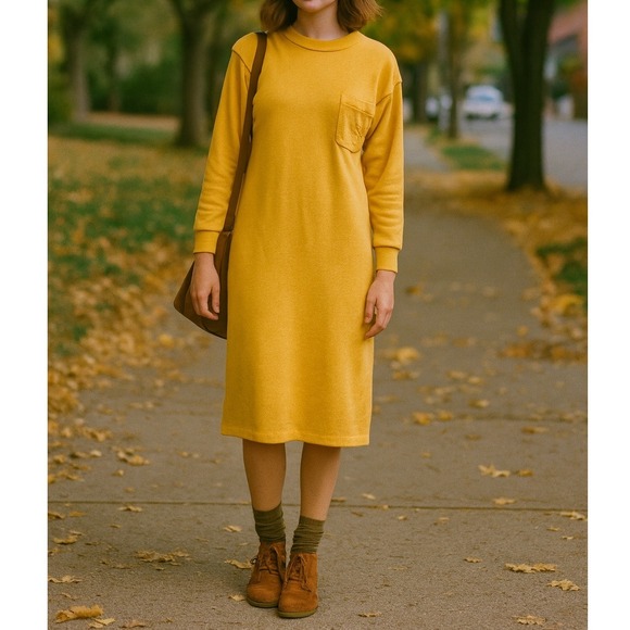Disorderly Conduct of California Dresses & Skirts - Vintage Disorderly Conduct Yellow Sweatshirt Dress Mock Neck Crest Logo Normcore